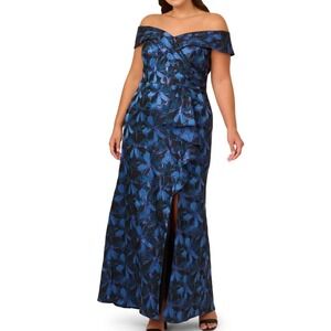 Adrianna Papell Metallic Floral Jacquard Off the Shoulder Evening Gown Blue 22W